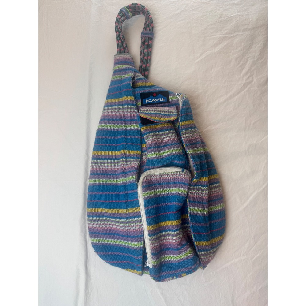 KAVU Rope Sling Bag Blue Purple Striped Woven Crossbody Backpack Boho Outdoor